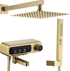 Rainfall Shower System 10" Square Shower Head with Rotable Handheld Sprayer, Wall Mounted Bathroom Shower Combo with Foldable Tub Spout, Anti-Rust Solid Brass Valve Diverter