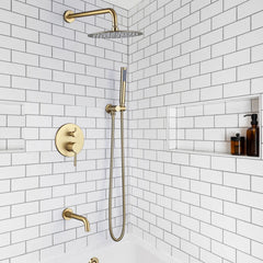 Rain Shower System With Handheld Shower And Swivel Tub Spout In Brushed Gold/Matte Black