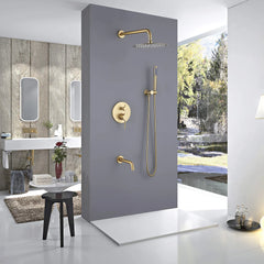 Rain Shower System With Handheld Shower And Swivel Tub Spout In Brushed Gold/Matte Black