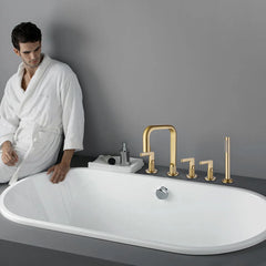 Brushed Gold Matte Black Deck Mounted Roman Bathtub Faucet With Tub Filler And Hand Shower