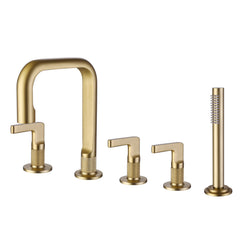 Brushed Gold Matte Black Deck Mounted Roman Bathtub Faucet With Tub Filler And Hand Shower