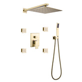 Brushed Gold Shower System With 4 Body Jets, Pressure Balance Shower Valve, 10" Rain Shower Head and Handheld Shower Head