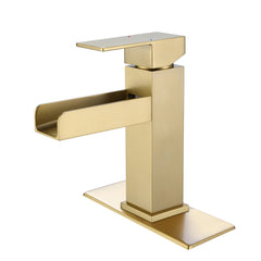 Brushed Gold Single Handle Vessel Bathroom Faucet With Waterfall Spout