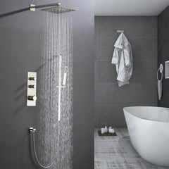 Brushed Nickel Thermostatic Shower System With 10" Rain Shower Head, Mixer Thermostatic Valve, Handheld Shower With Adjustable Slide Bar