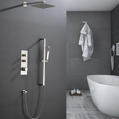 Brushed Nickel Thermostatic Shower System With 10" Rain Shower Head, Mixer Thermostatic Valve, Handheld Shower With Adjustable Slide Bar