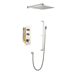 Brushed Nickel Thermostatic Shower System With 10" Rain Shower Head, Mixer Thermostatic Valve, Handheld Shower With Adjustable Slide Bar