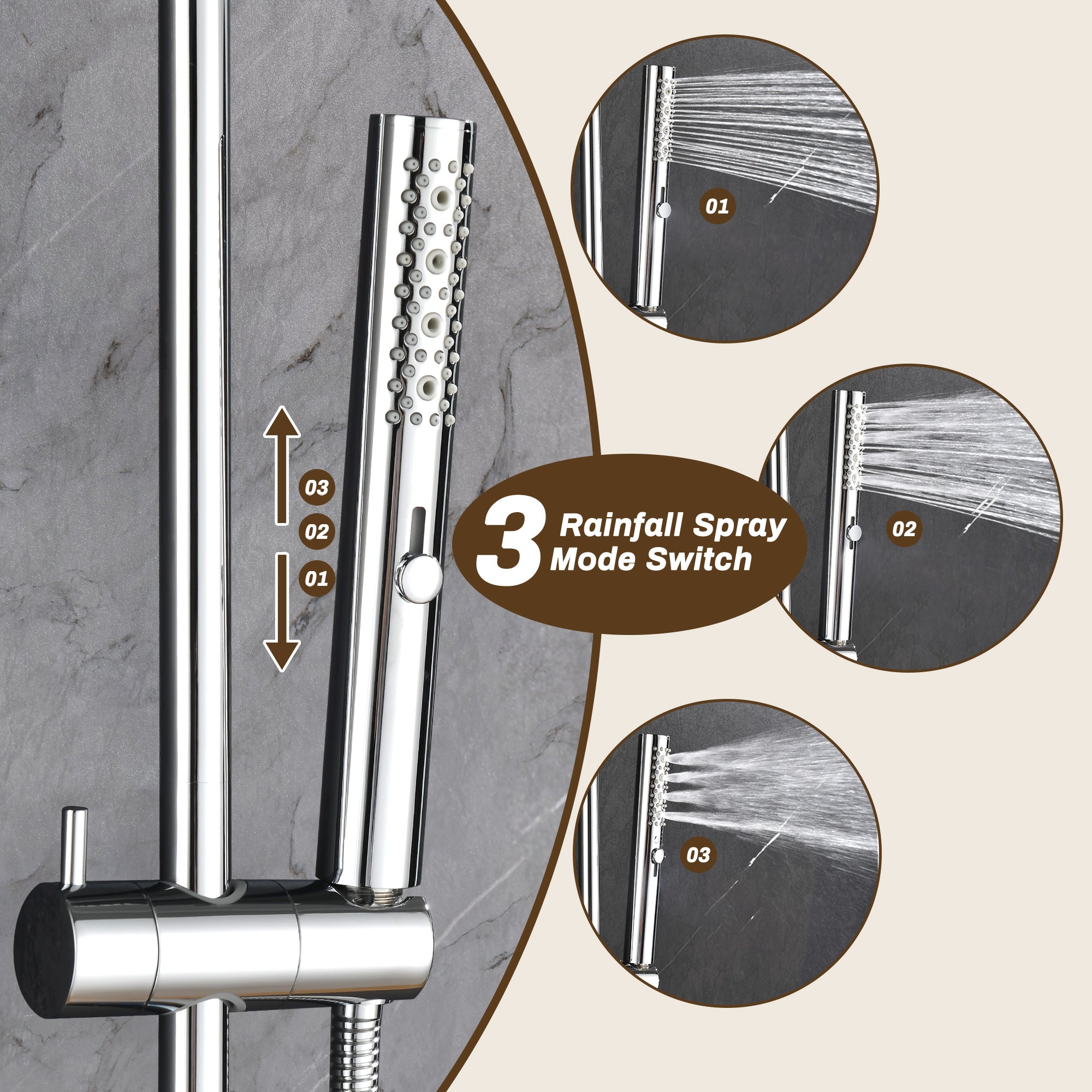 3-Function High Pressure Shower Slide Bar System, 35.4 Inch Shower Bar Slide Set, 70.8 Inch Stainless Steel Hose, TF00H1