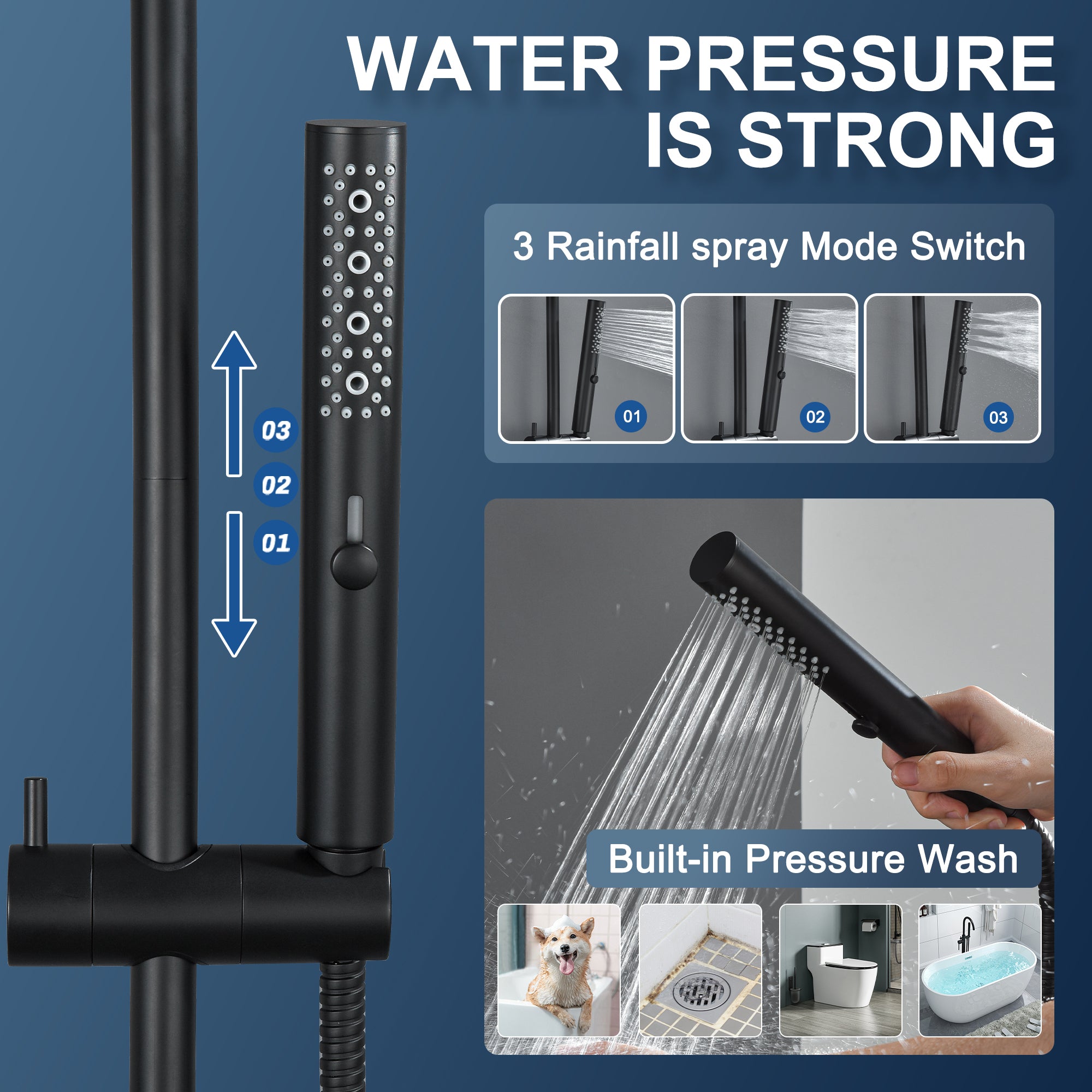 3-Function High Pressure Shower Slide Bar System, 35.4 Inch Shower Bar Slide Set, 70.8 Inch Stainless Steel Hose, TF00H1