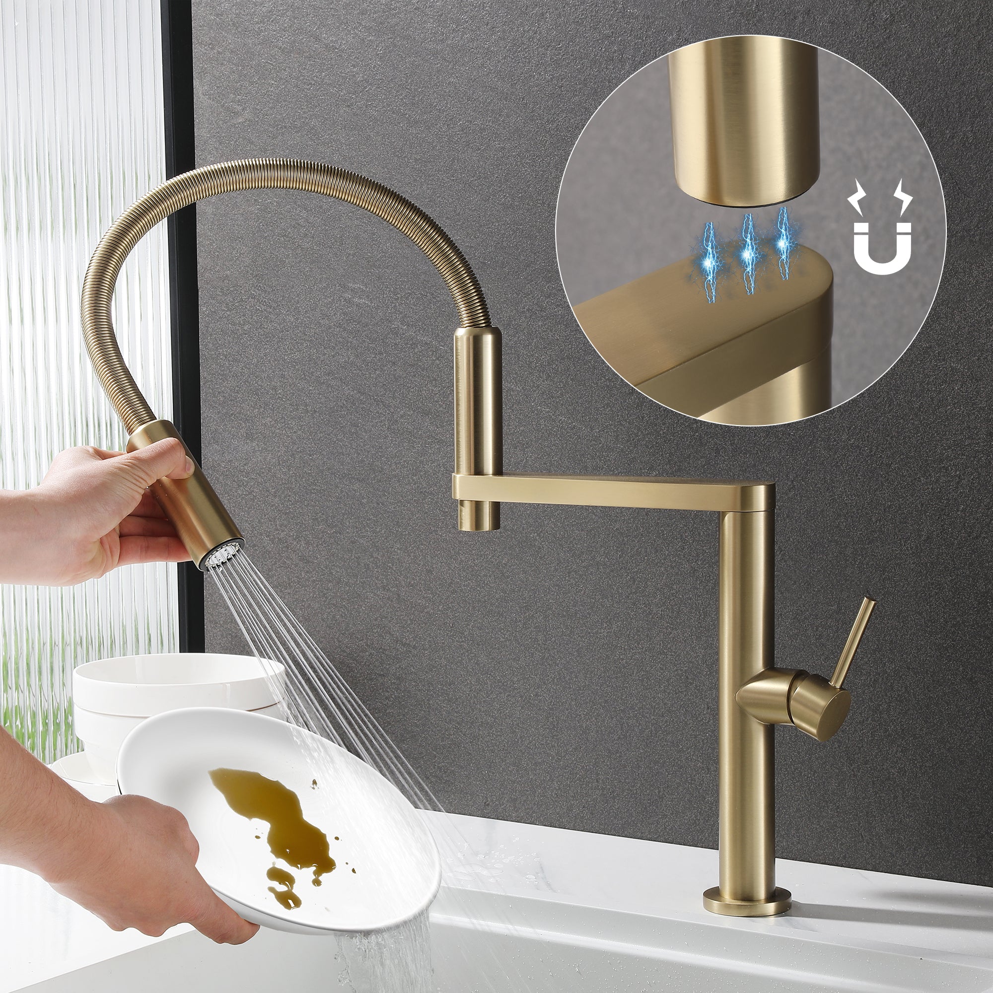 Magnetic Docking Kitchen Faucet with Pull Down Sprayer, Dual-Function Spray and 360 Degree Swivel, Commercial Spring Kitchen Faucet