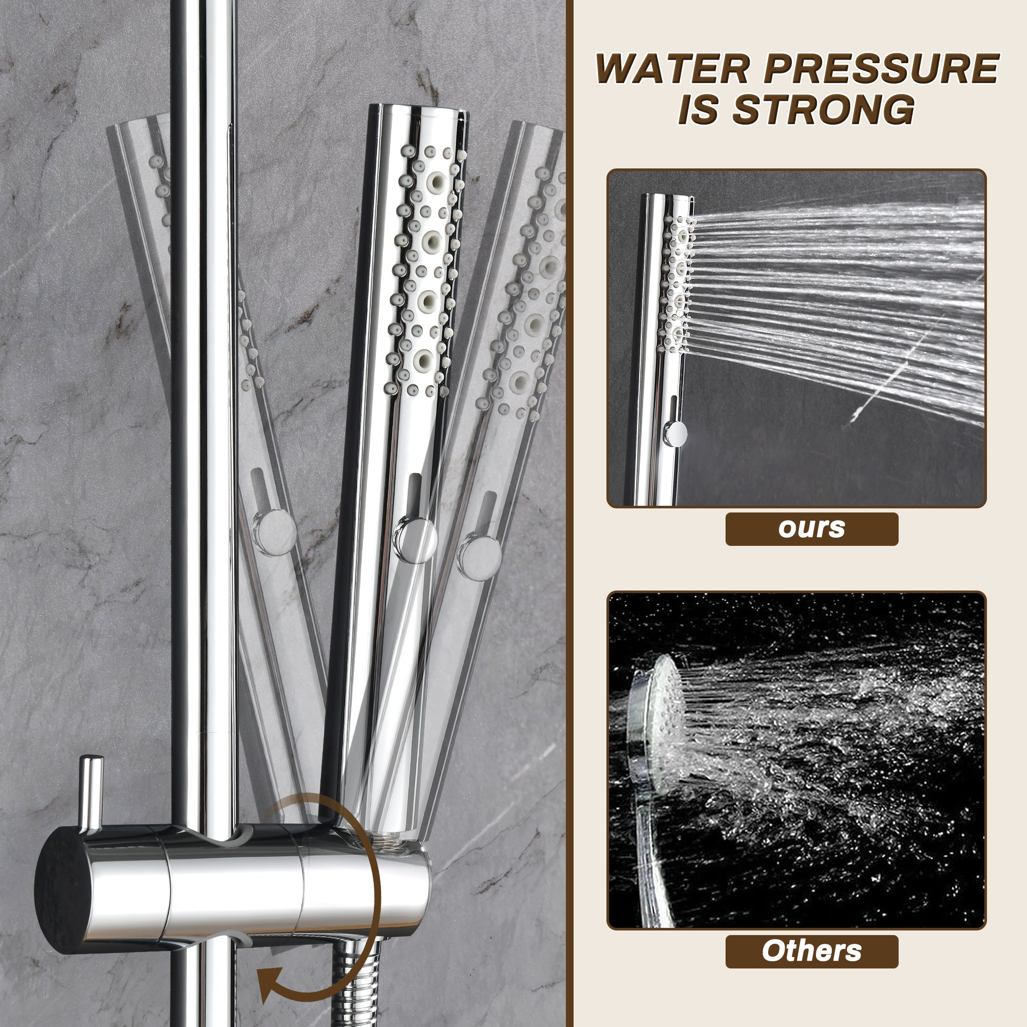 3-Function High Pressure Shower Slide Bar System, 35.4 Inch Shower Bar Slide Set, 70.8 Inch Stainless Steel Hose, TF00H1