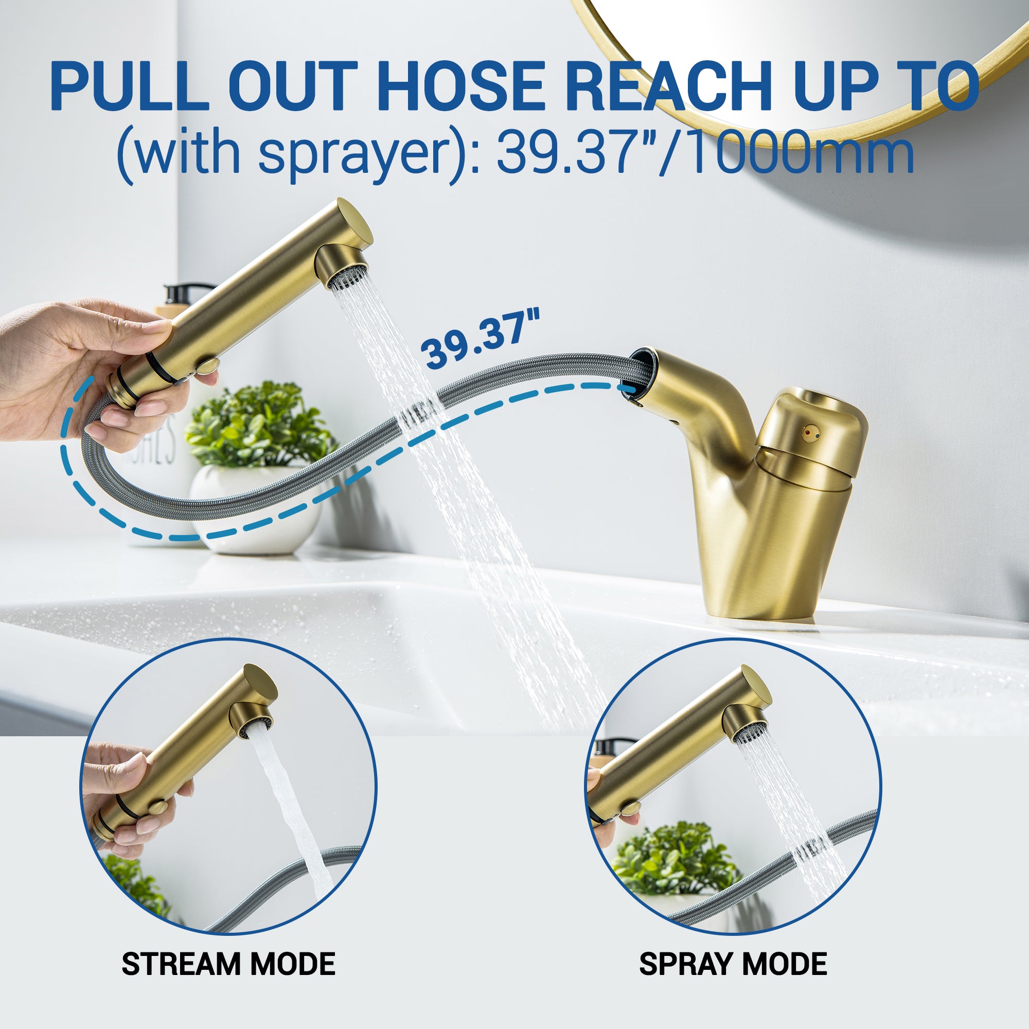 Bathroom Sink Faucet with Pull Down Sprayer, Brushed Gold,JK0430