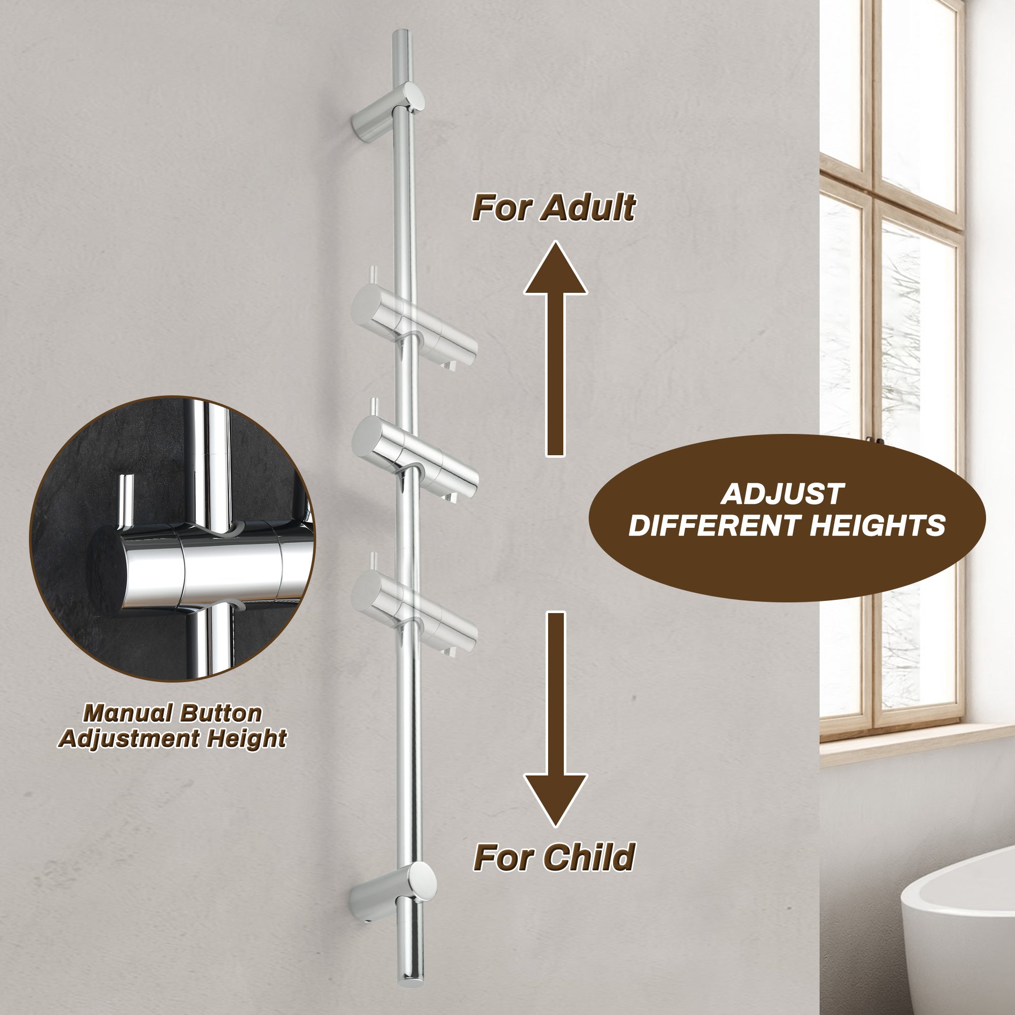 3-Function High Pressure Shower Slide Bar System, 35.4 Inch Shower Bar Slide Set, 70.8 Inch Stainless Steel Hose, TF00H1