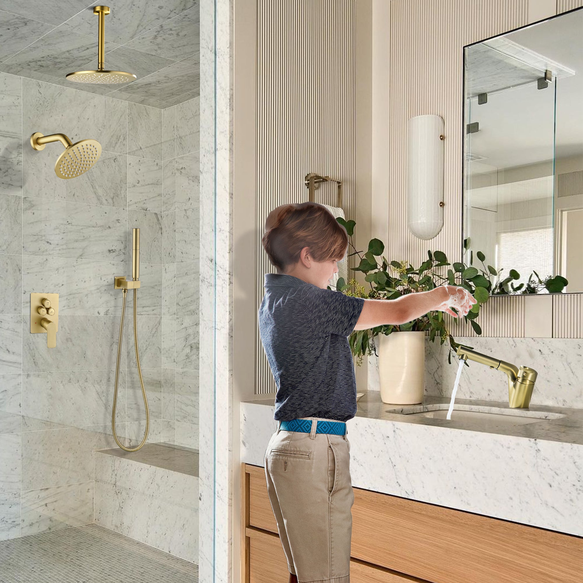 Bathroom Sink Faucet with Pull Down Sprayer, Brushed Gold,JK0430