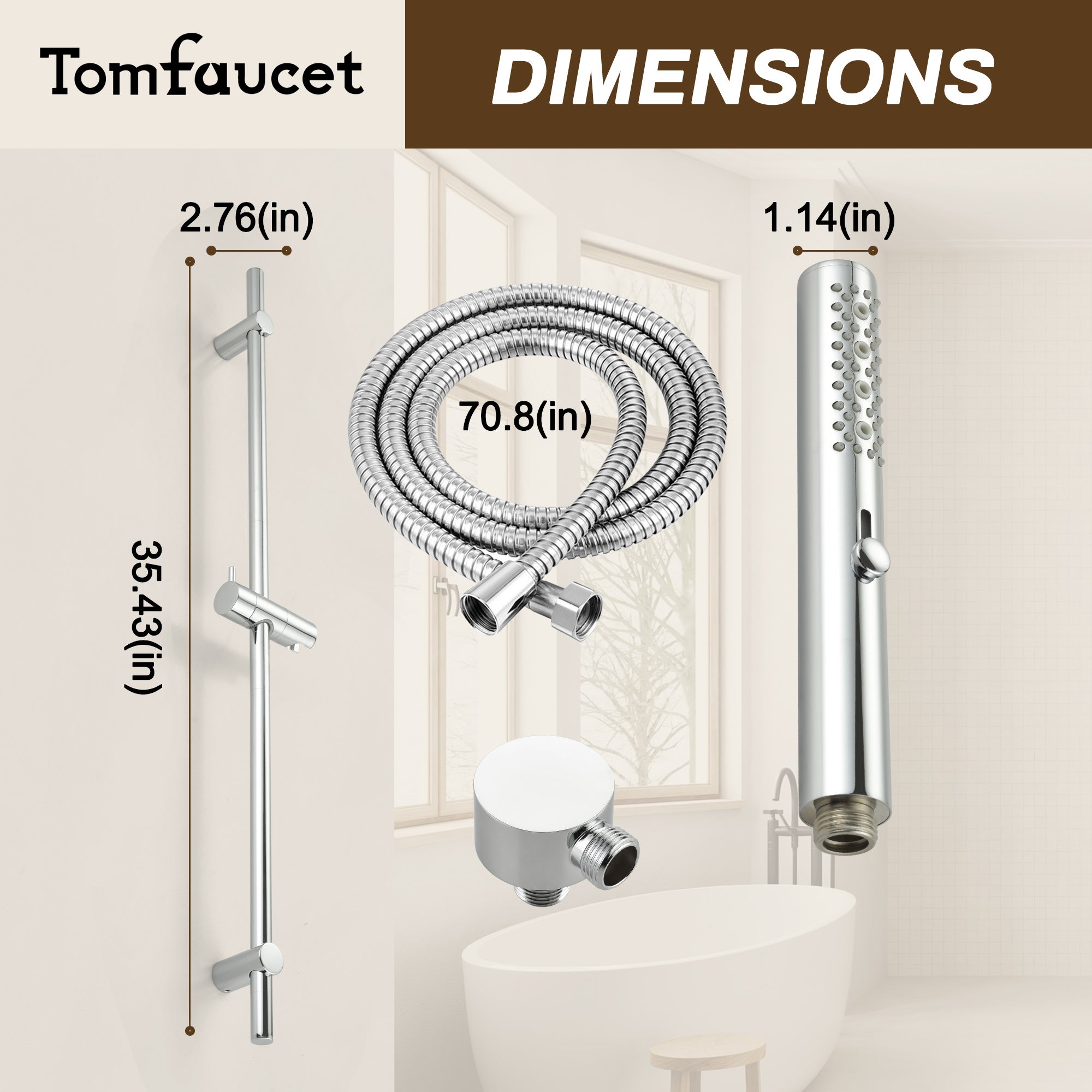 3-Function High Pressure Shower Slide Bar System, 35.4 Inch Shower Bar Slide Set, 70.8 Inch Stainless Steel Hose, TF00H1