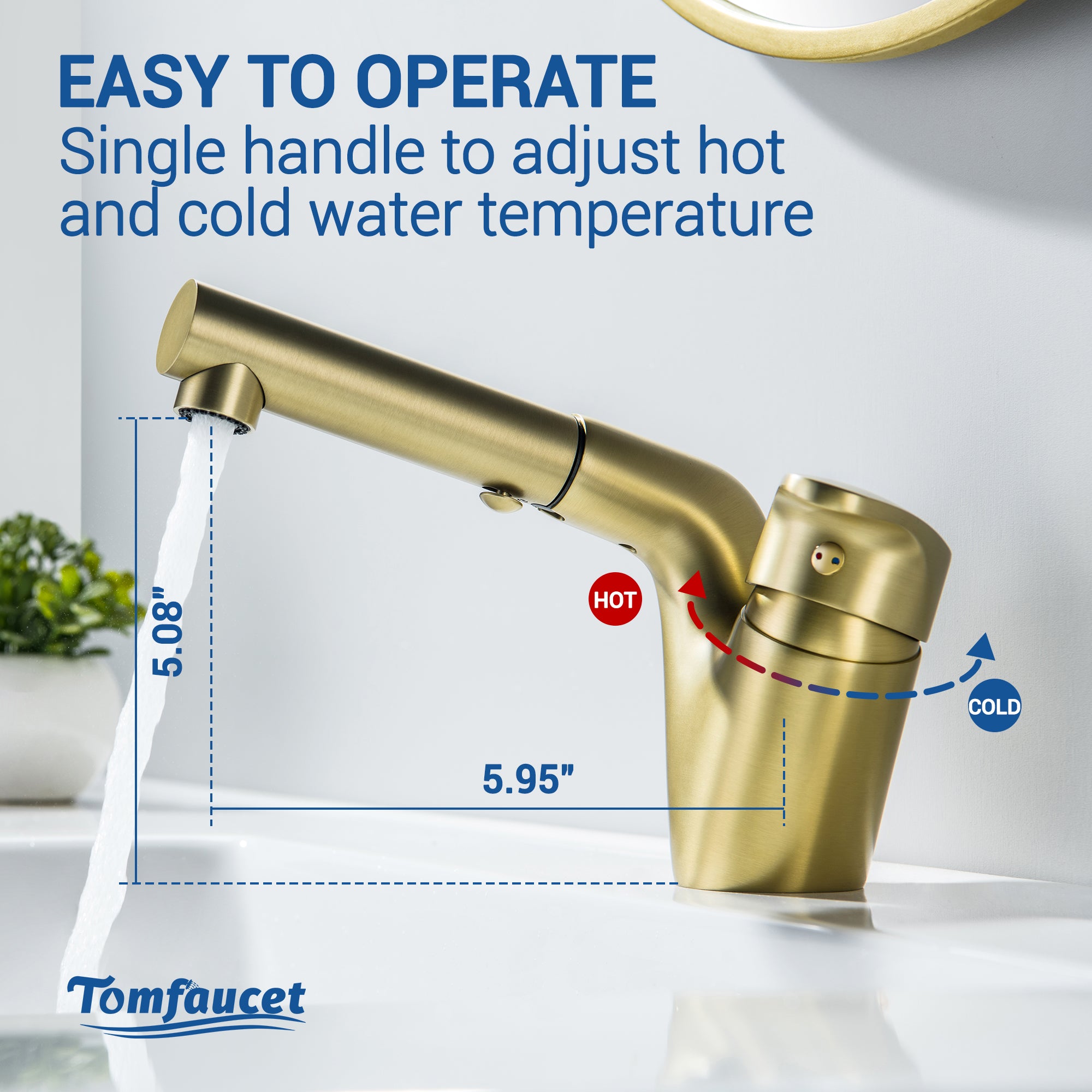 Bathroom Sink Faucet with Pull Down Sprayer, Brushed Gold,JK0430