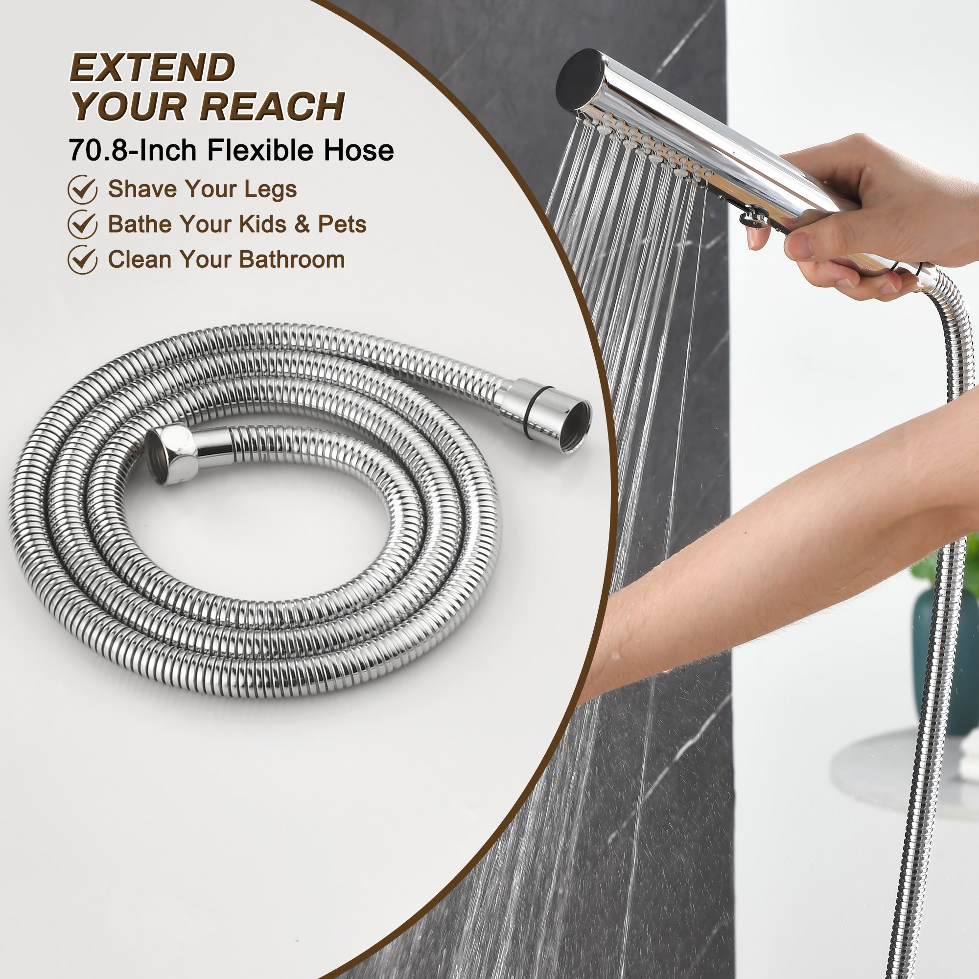 3-Function High Pressure Shower Slide Bar System, 35.4 Inch Shower Bar Slide Set, 70.8 Inch Stainless Steel Hose, TF00H1