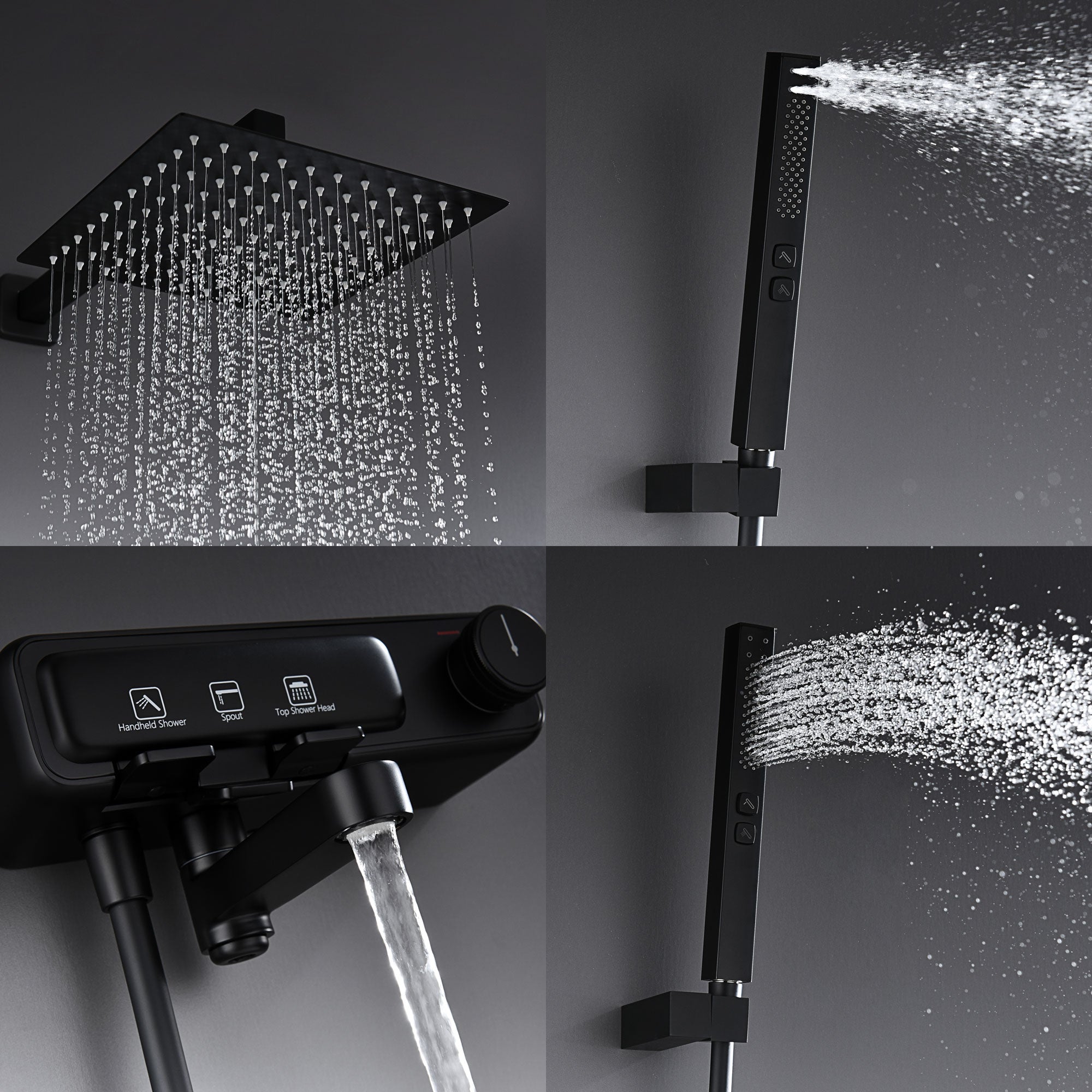 Rainfall Shower System 10" Square Shower Head with Rotable Handheld Sprayer, Wall Mounted Bathroom Shower Combo with Foldable Tub Spout, Anti-Rust Solid Brass Valve Diverter