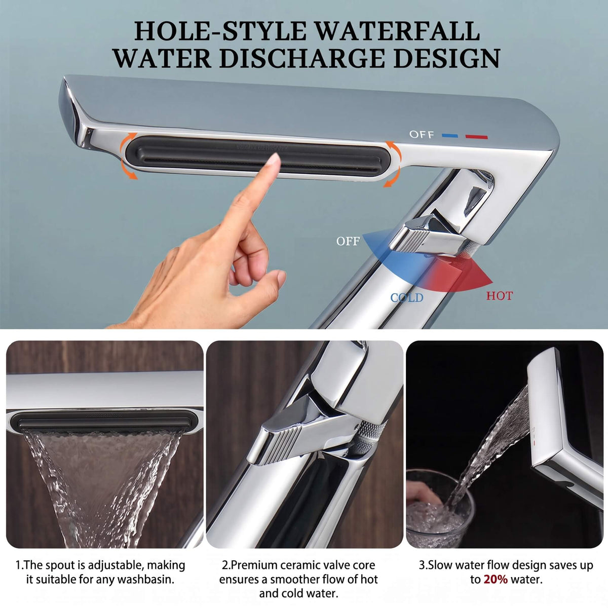 6.2" H Brass Single Hole Waterfall Bathroom Sink Faucet