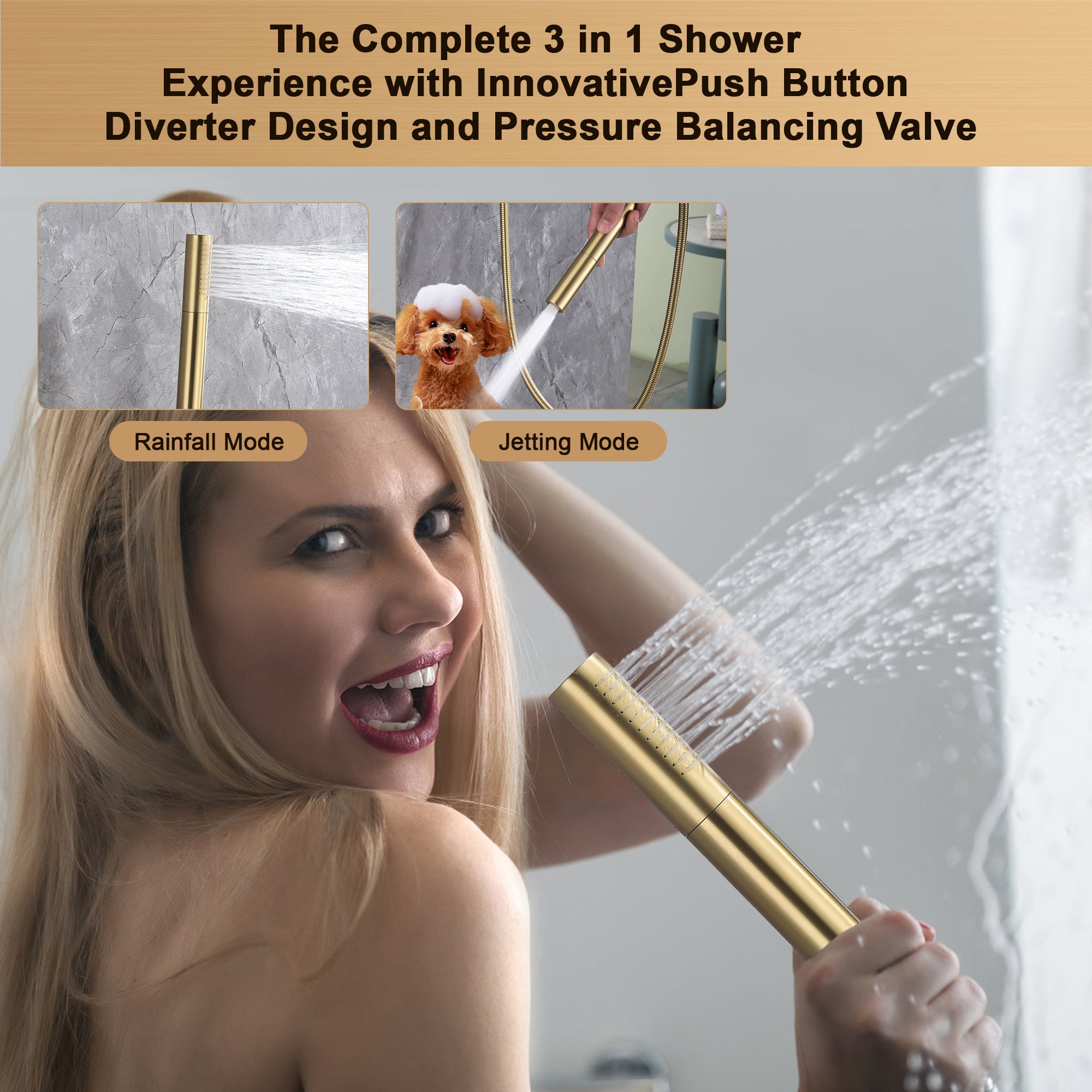 Push-Button Switch Shower Faucet Set With 2-In-1 Handheld Showerhead JK0407