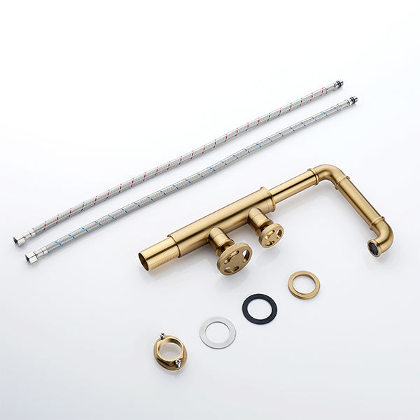 Deck Mount 2-Handle Bathroom Faucet In Brushed Gold