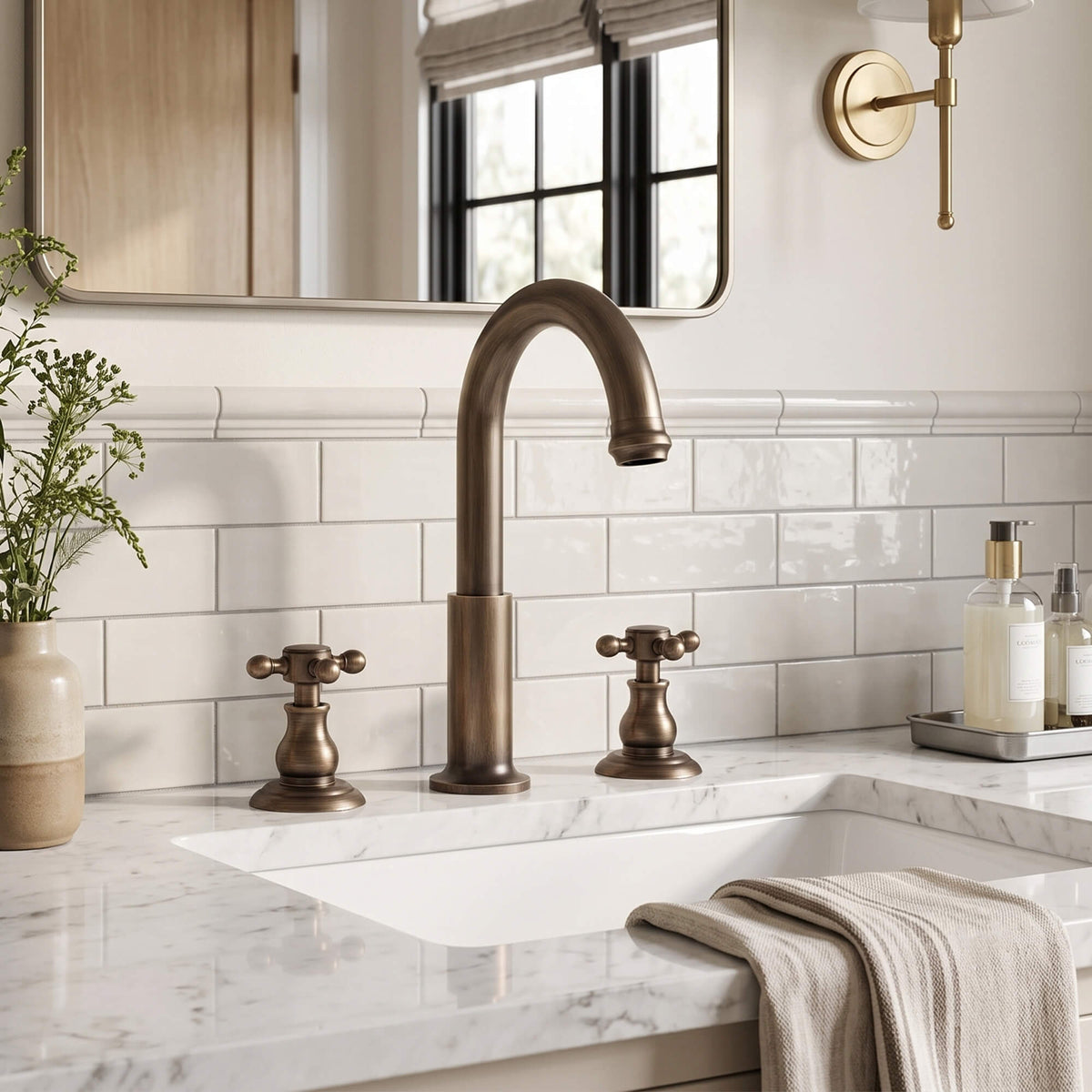 Vintage Spread Bathroom Faucet Set 360° Swivel Spout Cross Handle Tap