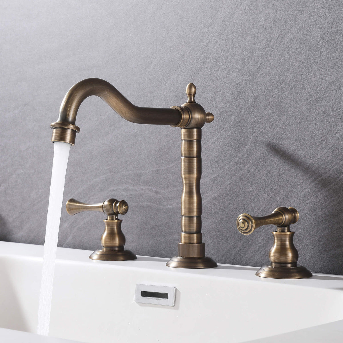 Vintage Brass Widespread Bathroom Faucet 360° Swivel Curved Arc Spout Tap