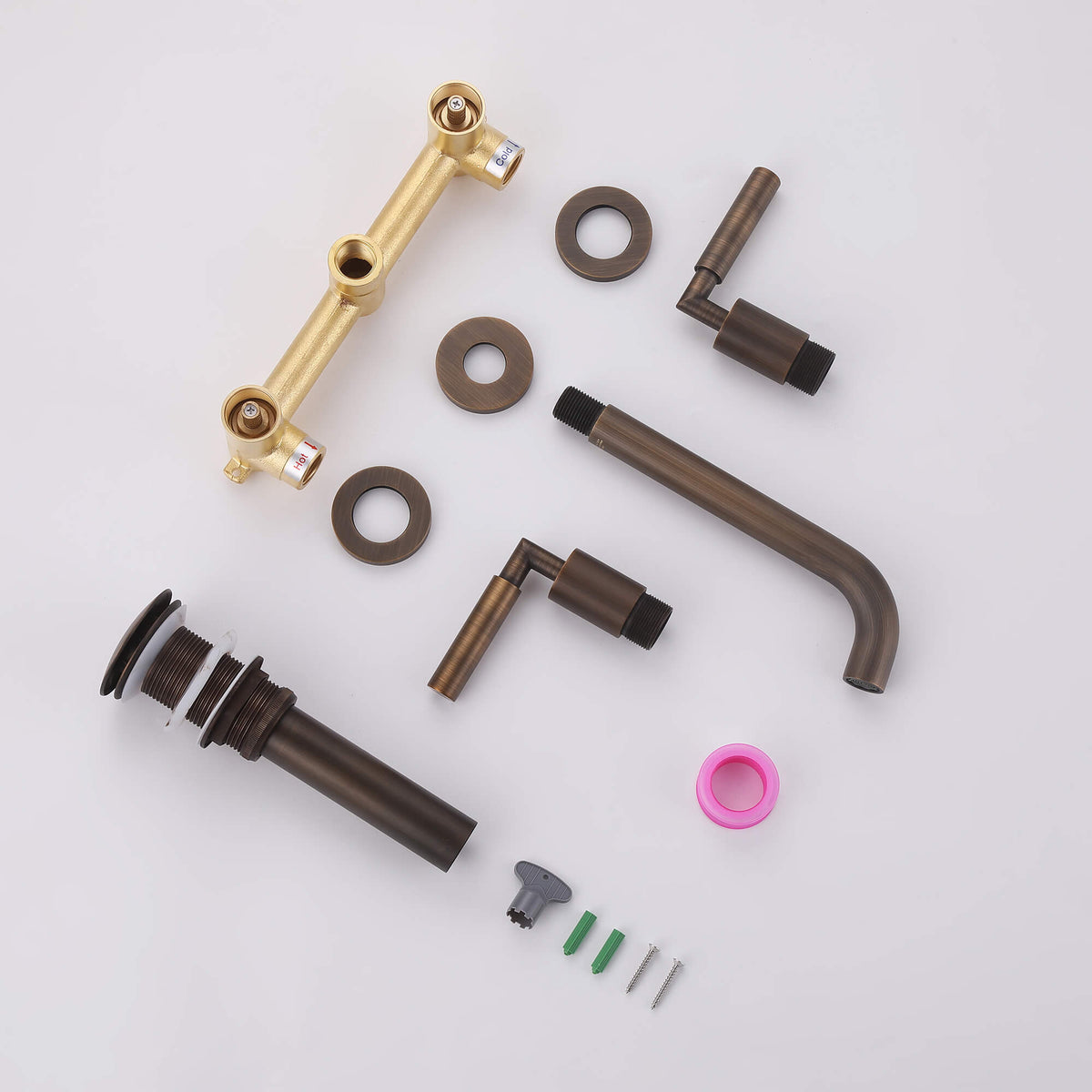 Wall-Mounted Bathroom Faucet with Drain Assembly Solid Brass 3-Piece Set