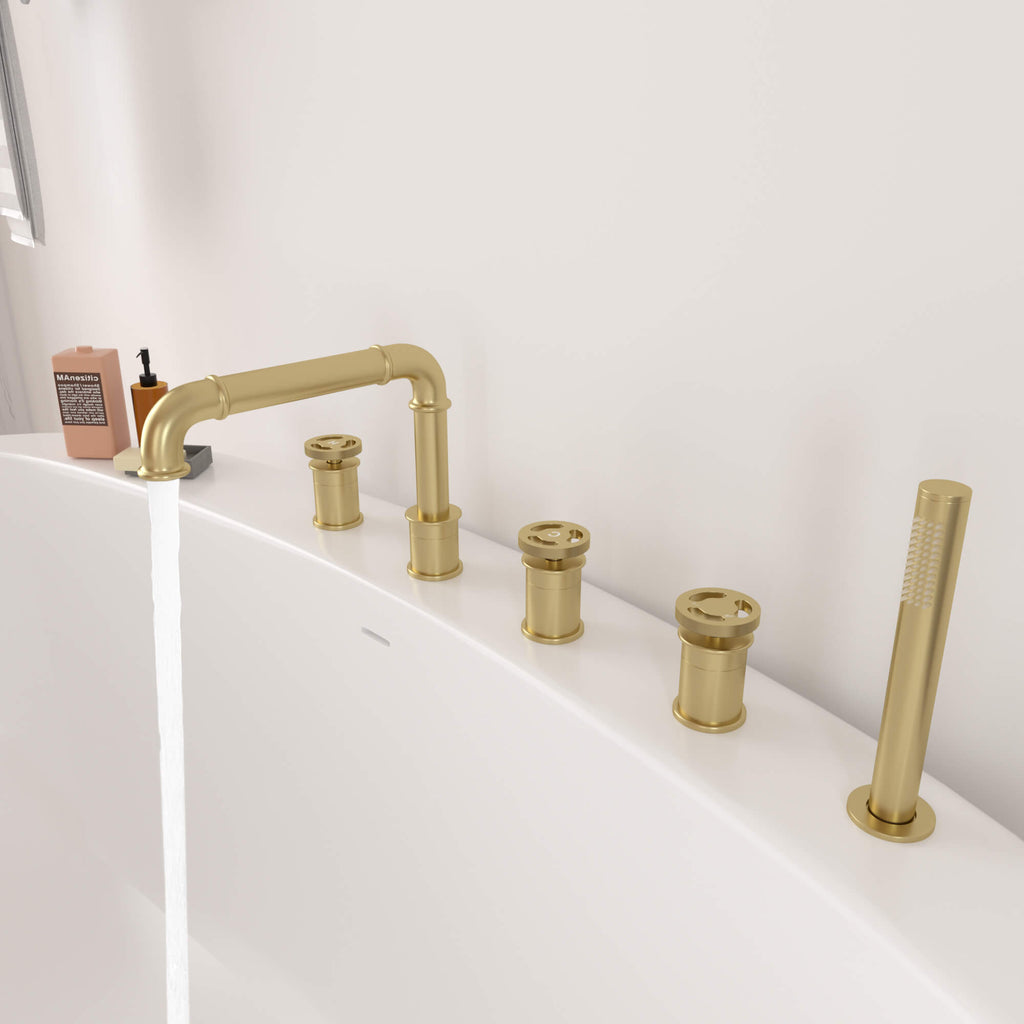 5-Hole Roman Tub Filler Faucet with Hand Shower | Separate Hot/Cold Water Controls