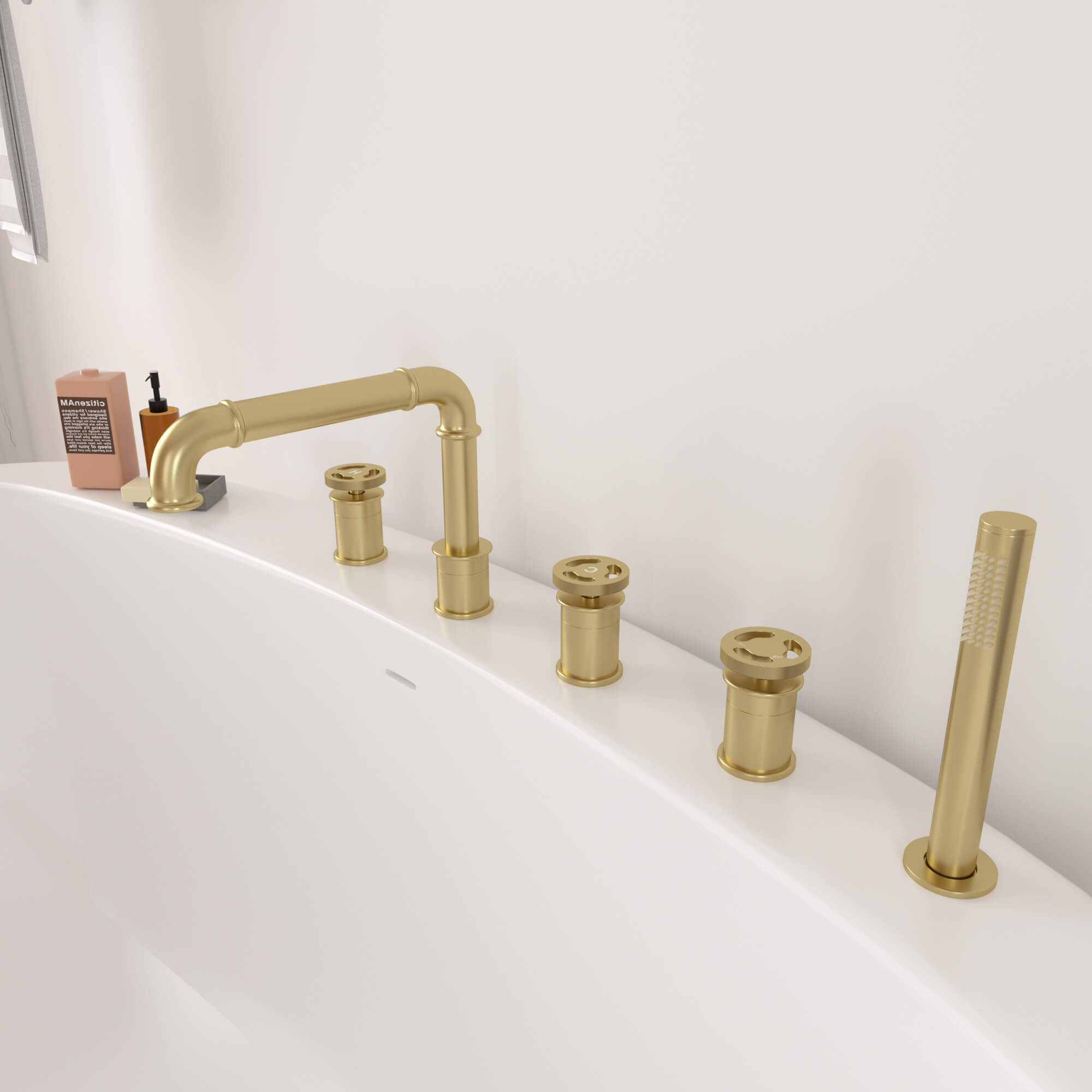 5-Hole Roman Tub Filler Faucet with Hand Shower | Separate Hot/Cold Water Controls