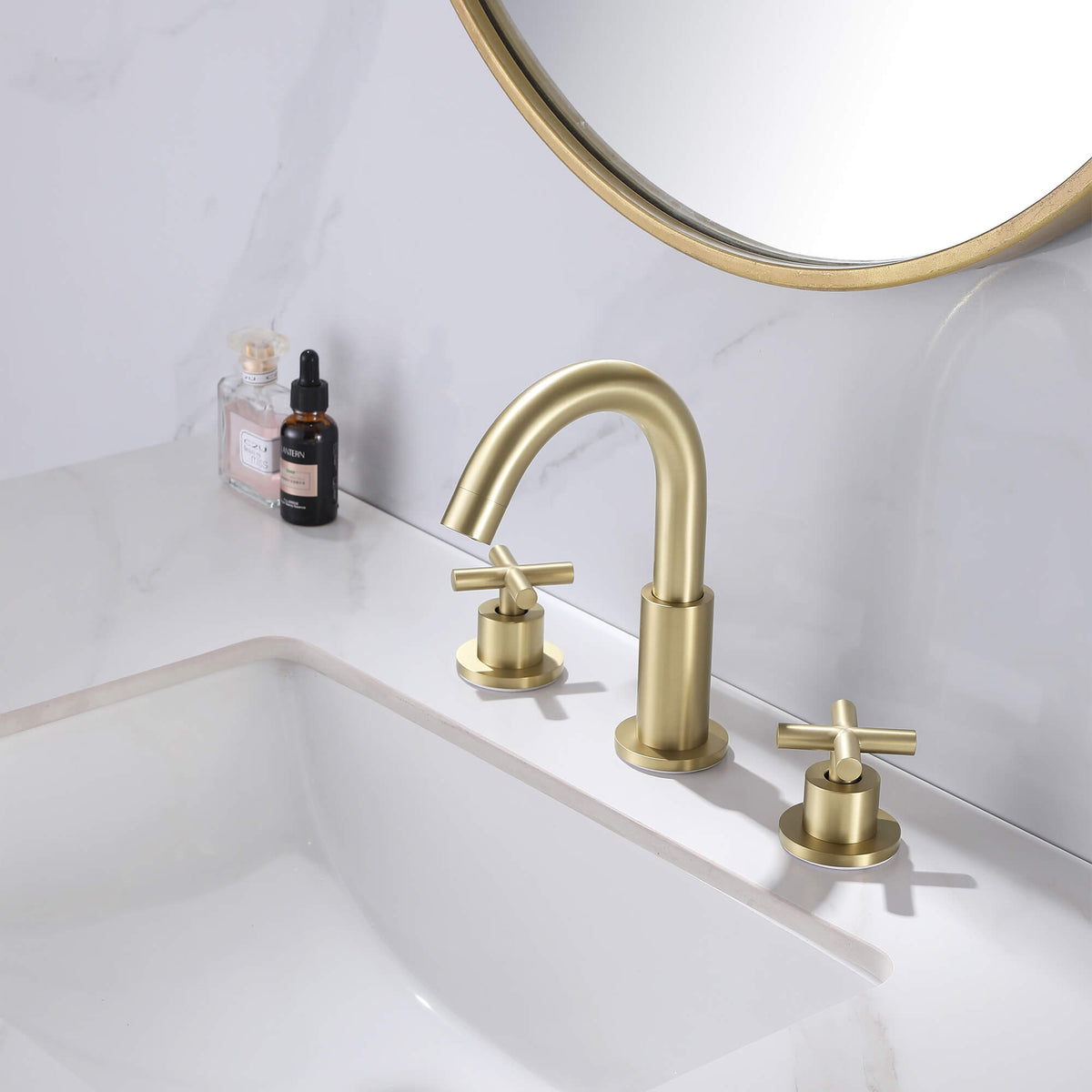 8" Spread 3-Hole Brass Gooseneck Bathroom Faucet - 2 Cross Handles Drain Assembly