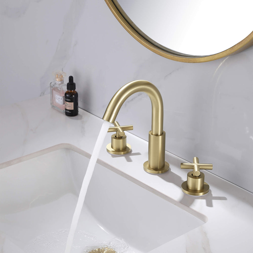 8" Spread 3-Hole Brass Gooseneck Bathroom Faucet - 2 Cross Handles Drain Assembly