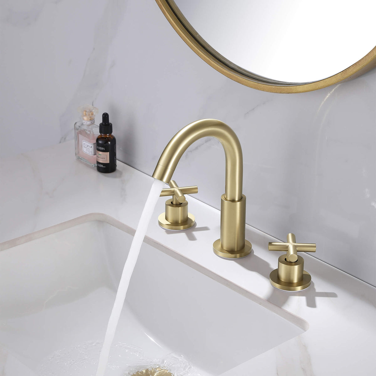 8" Spread 3-Hole Brass Gooseneck Bathroom Faucet - 2 Cross Handles Drain Assembly