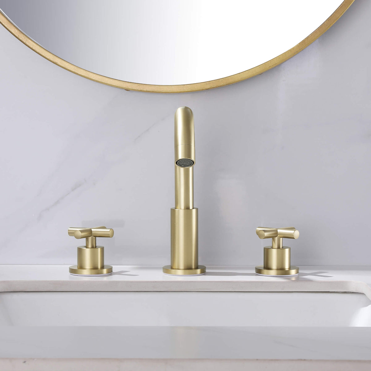 8" Spread 3-Hole Brass Gooseneck Bathroom Faucet - 2 Cross Handles Drain Assembly