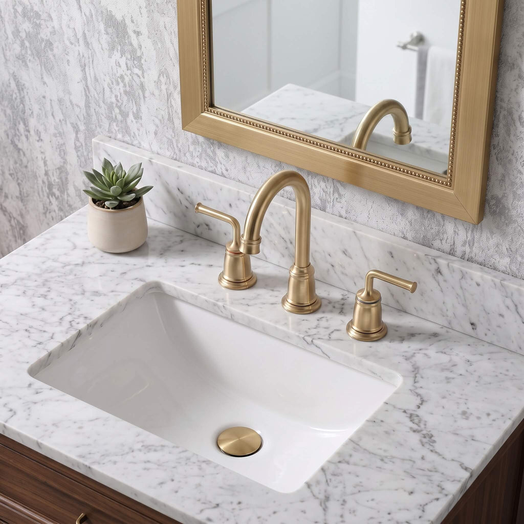 360° Swivel Gooseneck Widespread Bathroom Sink Faucet with Drain