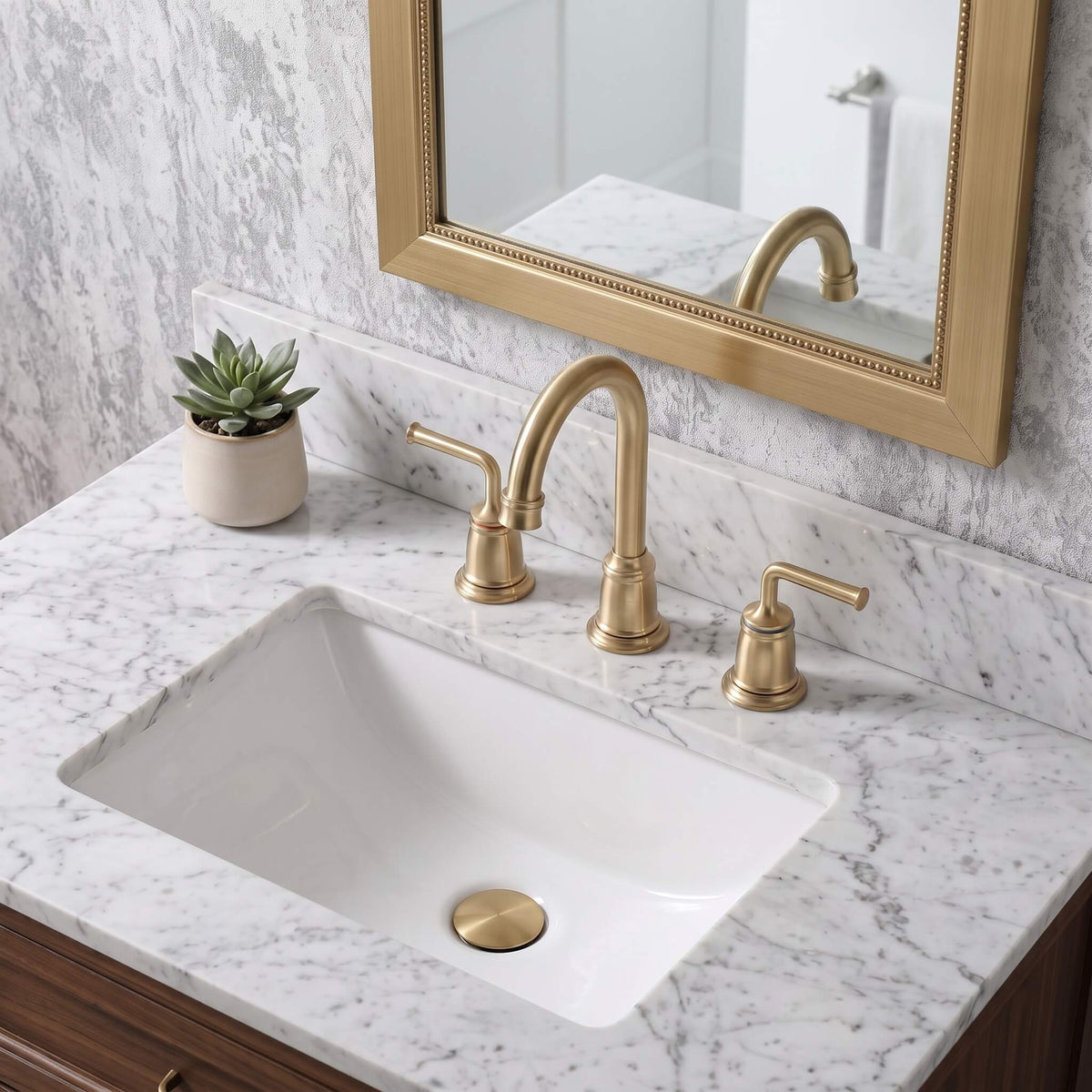 360° Swivel Gooseneck Widespread Bathroom Sink Faucet with Drain