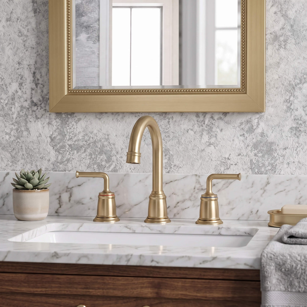 360° Swivel Gooseneck Widespread Bathroom Sink Faucet with Drain