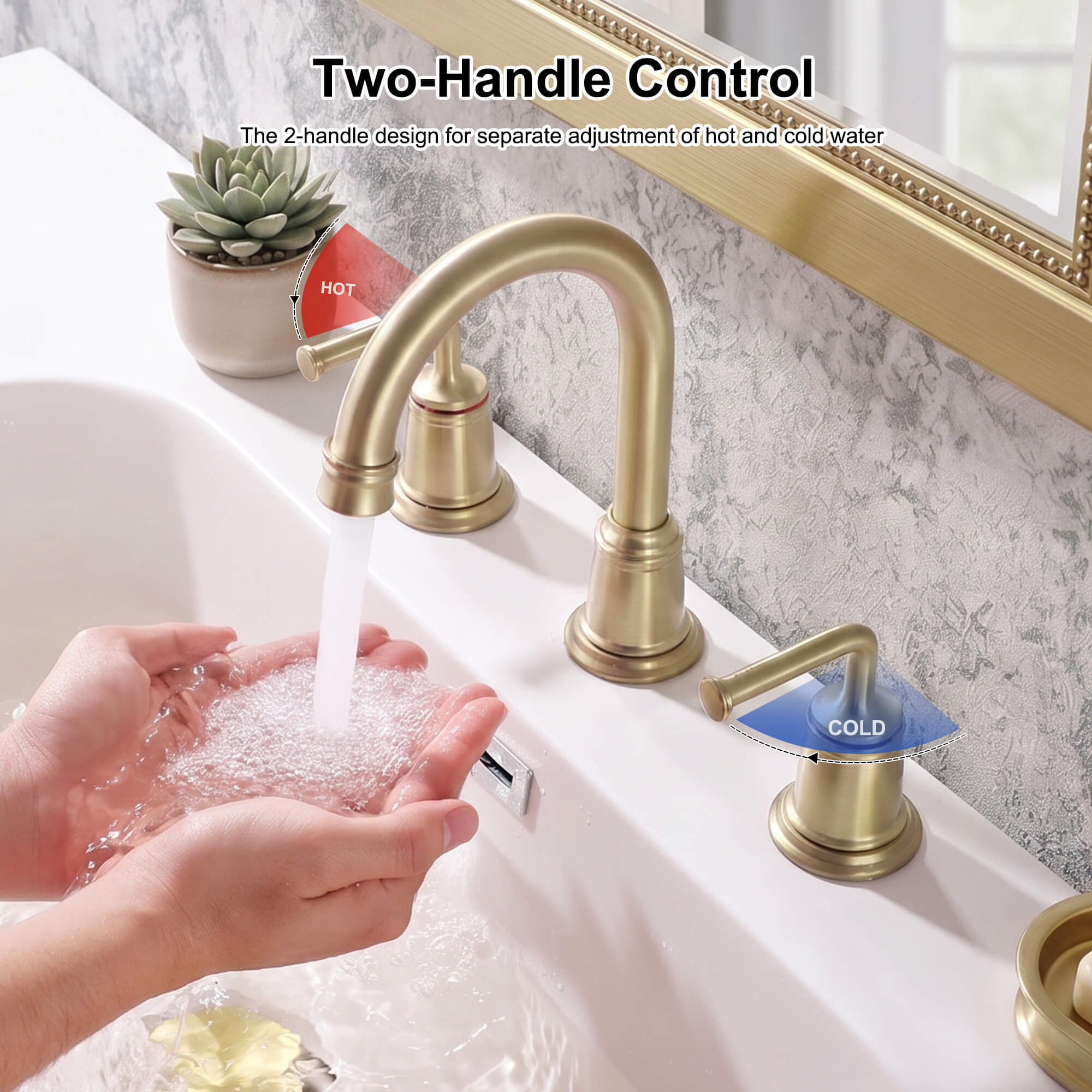 360° Swivel Gooseneck Widespread Bathroom Sink Faucet with Drain
