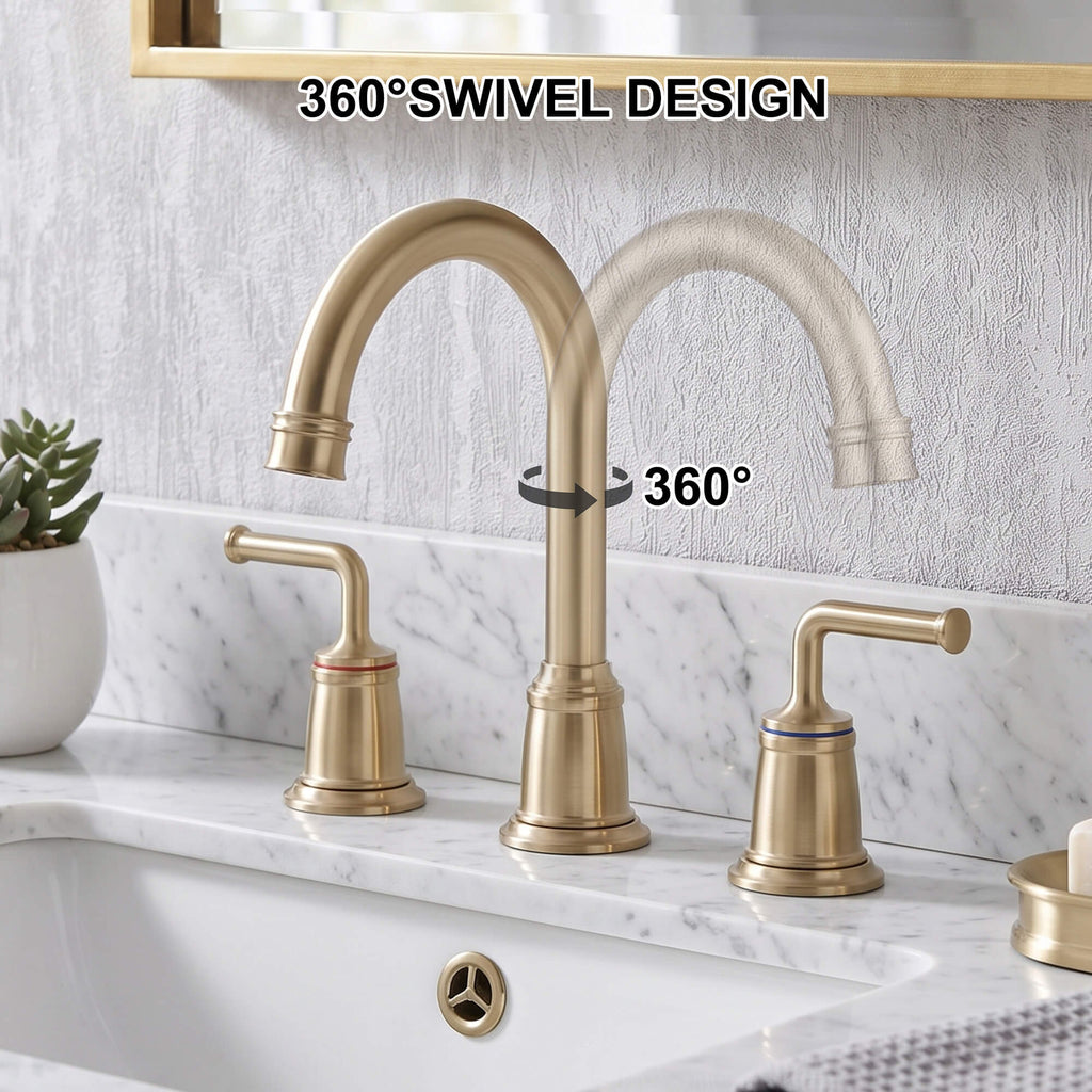 360° Swivel Gooseneck Widespread Bathroom Sink Faucet with Drain
