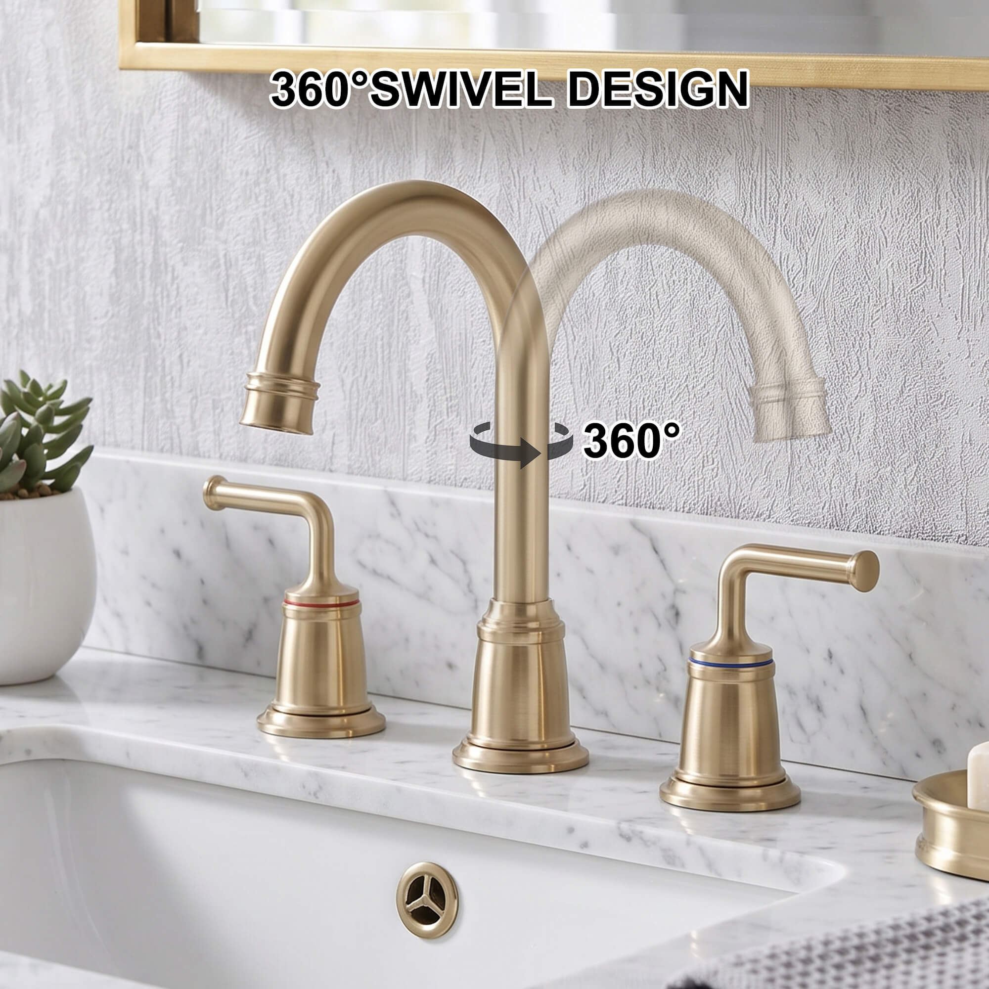 360° Swivel Gooseneck Widespread Bathroom Sink Faucet with Drain