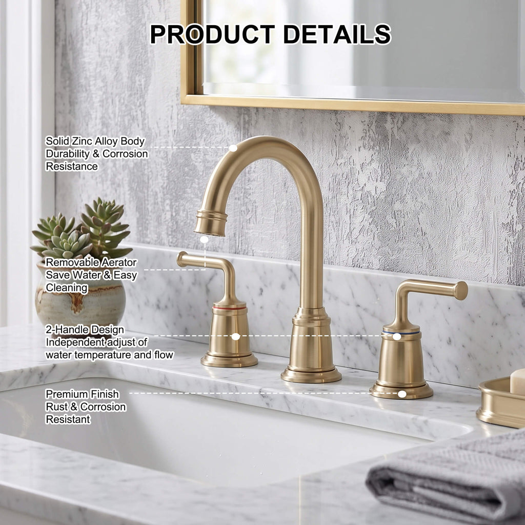 360° Swivel Gooseneck Widespread Bathroom Sink Faucet with Drain