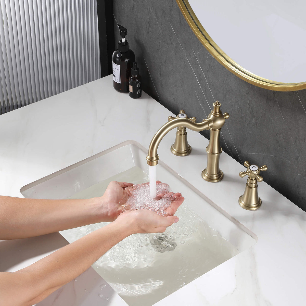 8" Spread 3-Hole Bathroom Faucet with 360° Spout Dual Cross Handles