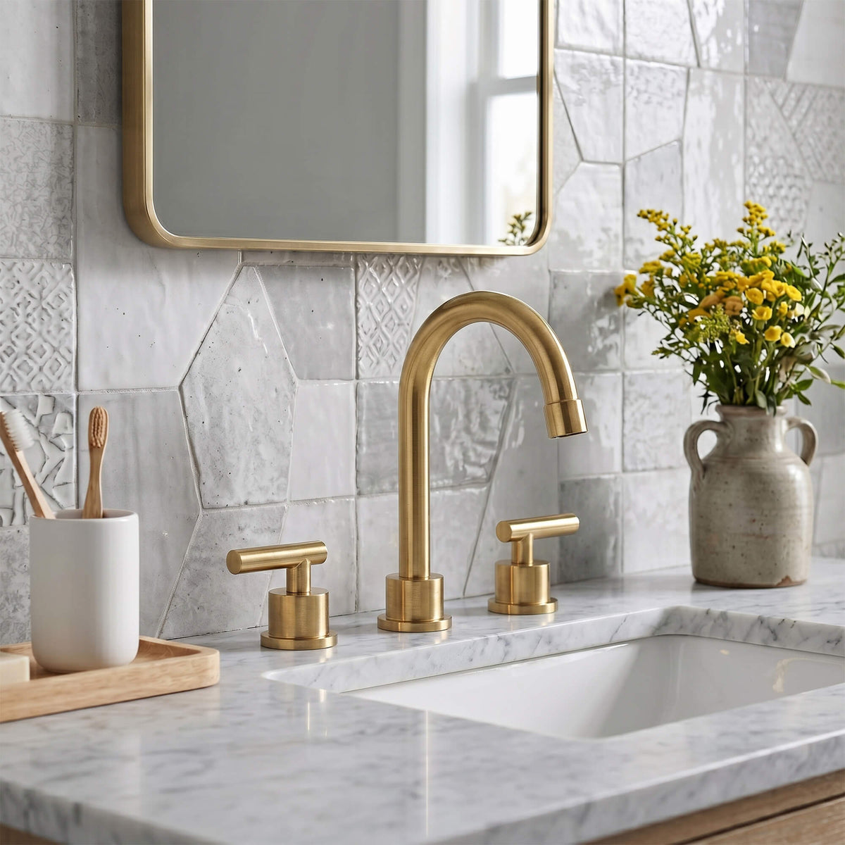 360° Swivel Gooseneck 3-Hole Widespread Bathroom Sink Faucet with Drain