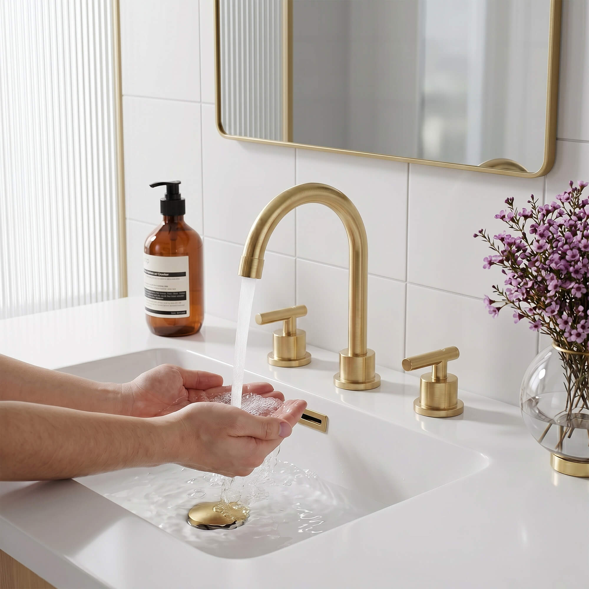 360° Swivel Gooseneck 3-Hole Widespread Bathroom Sink Faucet with Drain