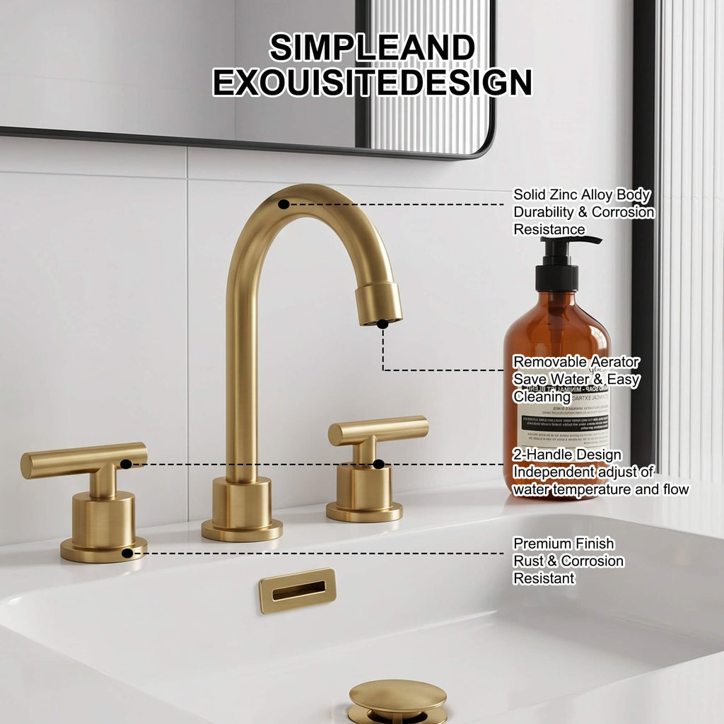 360° Swivel Gooseneck 3-Hole Widespread Bathroom Sink Faucet with Drain