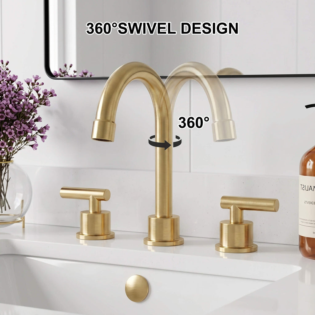 360° Swivel Gooseneck 3-Hole Widespread Bathroom Sink Faucet with Drain
