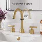 360° Swivel Gooseneck 3-Hole Widespread Bathroom Sink Faucet with Drain