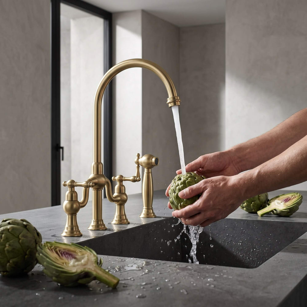 4-Hole Bridge Kitchen Faucet with Pull-Out Side Sprayer 360° Swivel high-arch Spout