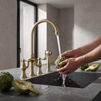 4-Hole Bridge Kitchen Faucet with Pull-Out Side Sprayer 360° Swivel high-arch Spout