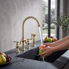 4-Hole Bridge Kitchen Faucet with Pull-Out Side Sprayer 360° Swivel high-arch Spout