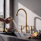 4-Hole Bridge Kitchen Faucet with Pull-Out Side Sprayer 360° Swivel high-arch Spout